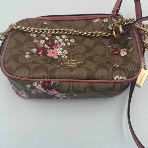Coach Signature Leather Floral Shoulder Bag Purse w/ Gold Chain Strap - Picture 4 of 5